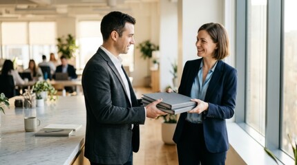 Fototapeta premium Colleagues exchanging folders in a bright modern office with large windows and marble counter, symbolizing collaboration and workflow