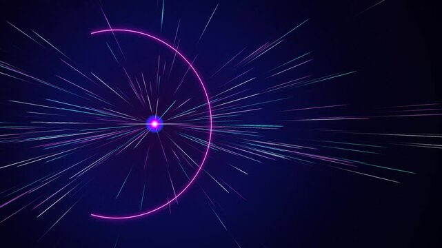 Light streaks radiate from a central glowing point in this high speed dark blue cosmic visual which represents fast digital data transmission or interstellar travel in a clean space.