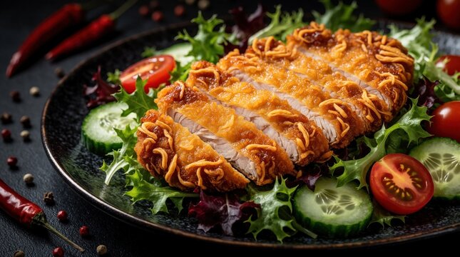 Crispy fried chicken steak sliced on plate with fresh salad. Tasty breaded poultry meat served with lettuce, cucumber slices, cherry tomatoes. Delicious gourmet meal for lunch dinner in restaurant