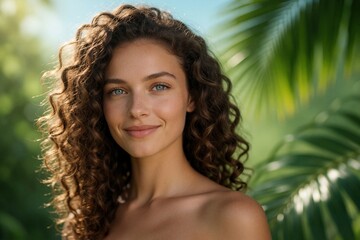 Fototapeta premium Young woman with curly brown hair smiles. Outdoor portrait features blue eyes, natural freckles, and green foliage. Soft light illuminates her joyful, relaxed face.