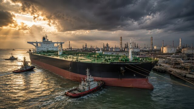Large crude oil tanker docked at petroleum refinery terminal with tugboats, representing global fuel transport, energy supply and industry.