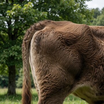 Extreme close up of brown calf rear. Detailed view shows thick furry coat, long tail, muscular hindquarters of young cow. Animal stands in green meadow with trees in background. Livestock part of