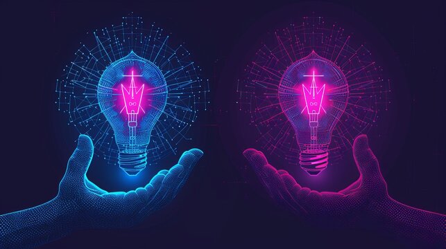 Trendy halftone collage of two hands holding a lightbulb for creative ideas and innovation