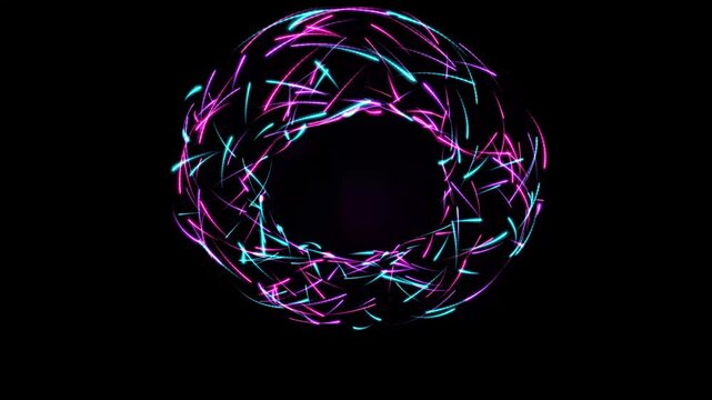 Circular pattern forms a ring of glowing neon lines in pink and blue shades that create a vibrant abstract vortex effect on a dark background for modern technology and digital motion concepts.