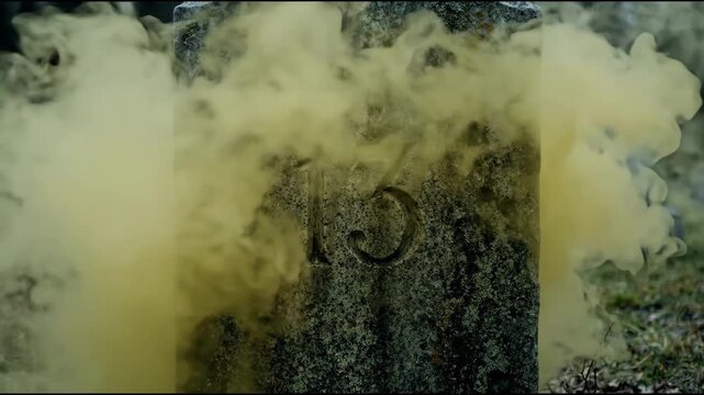 Cinematic 4K Eerie Weathered Gravestone with Carved Number 13 and Swirling Fog in Dark Cemetery Seamless Loop