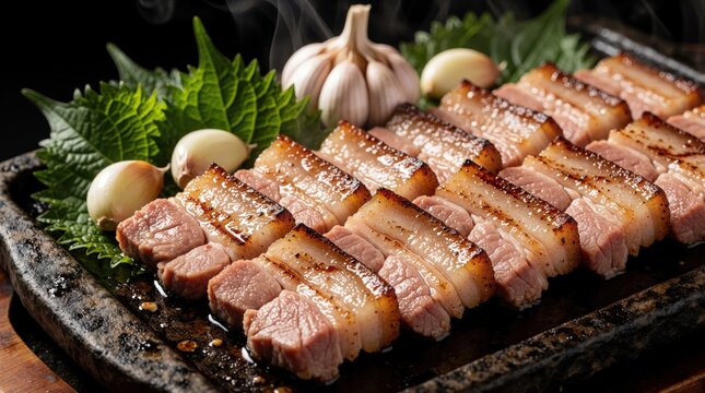 Pork belly slices cook on hot stone with garlic and perilla leaves. Sizzling meat steams, smells savory. Korean BBQ dish offers a fresh, tasty meal at eatery.