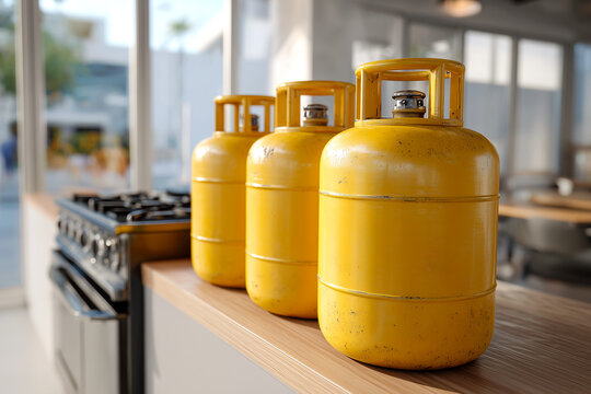 Three yellow gas cylinders standing on a wooden kitchen countertop near a modern stove, closeup concept of domestic butane propane energy supply and cooking equipment
