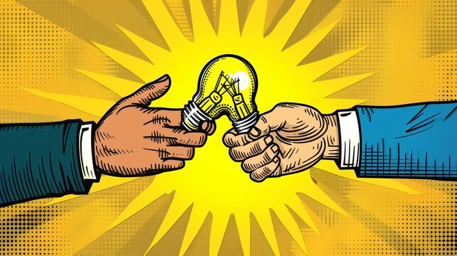 Innovative halftone art  two hands holding a lightbulb symbolizing creative ideas and solutions