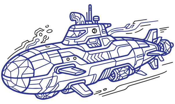 Futuristic submarine vector illustration with periscope and propeller in line art style