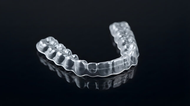 Clear plastic dental aligner tray for teeth straightening and orthodontic correction resting on a smooth dark reflective surface