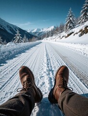Naklejka premium POV shot of mens brown leather boots walking on snowy road. Traveler explores winter mountain landscape under bright sun. Man stpic through frost on cold highway with pine trees, snowy peaks in