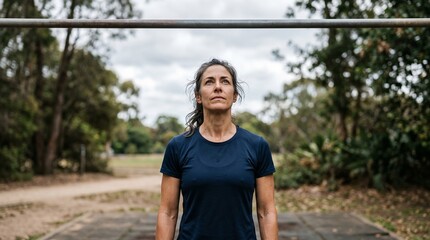 Fototapeta premium Active mature woman looking up at a pull-up bar with focus before training