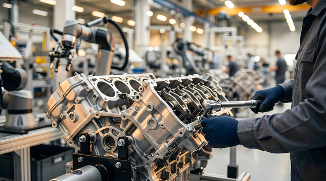 Automotive Engine Assembly Process with Robotic Precision and Skilled Technician Manual Labor in a Modern Manufacturing Facility
