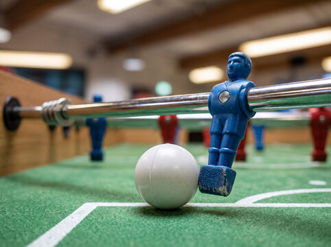 blue foosball player figure on metal rod touching white soccer ball on green playing field of table football game