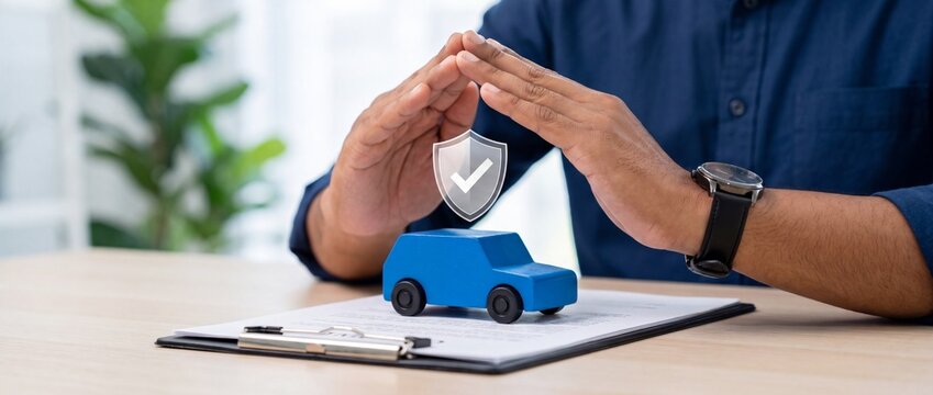 Hands protecting a small blue wooden car model on a contract document on a desk with person holds hands over miniature blue car toy placed document representing vehicle insurance