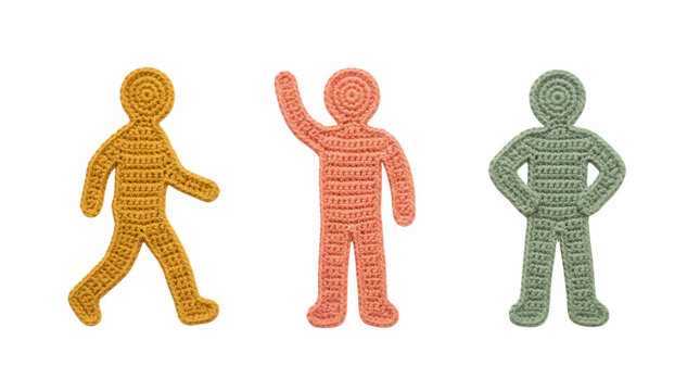 Vibrant crochet creations showcasing various human poses and emotions in an imaginative artistic style