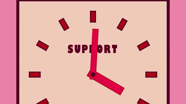 The word support appears in animated red letters on a pink square clock face