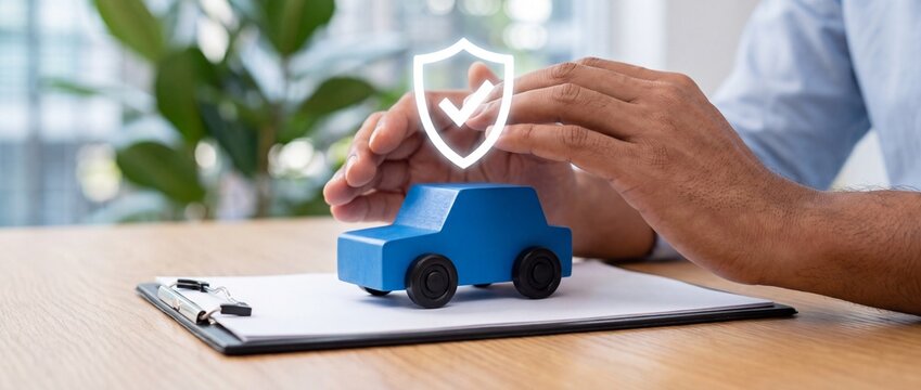 Hands protecting a blue wooden toy car model with a digital insurance shield icon above it with icon representing coverage clipboard glowing digital hands hover with hover