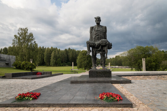 Minsk, Belarus &ndash; July 15, 2025: "The Unsubdued Man" depicts the only survivor of Khatyn massacre, holding his dead son. During WWII more than 5000 Belarusian villages were burned down by the Nazis