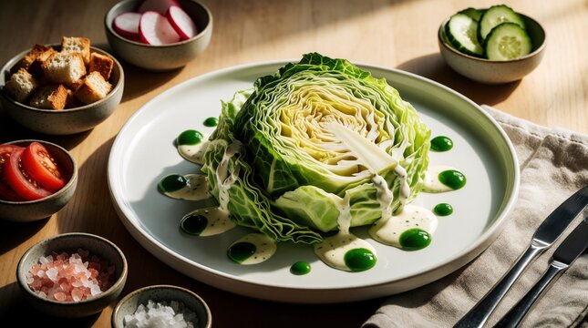 Whole cabbage head salad served with creamy dressing, fresh garnishes like tomatoes, cucumber, radish, croutons. Presented on plate with salt, knife, fork nearby. Meal visually appealing, nutritious.