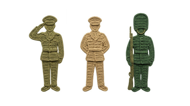Colorful crochet military figures representing different branches of service in a unique artistic style