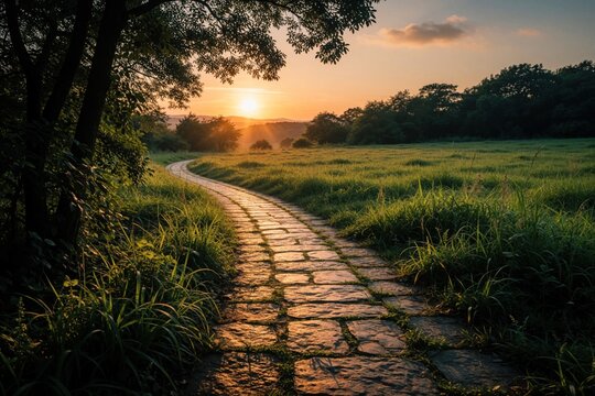 Stone path winds through green meadow at sunset. Golden sunlight glows over field, trees in rural landscape. Peaceful summer evening in countryside park. Scenic walkway leads toward forest under warm