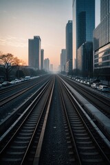 Fototapeta premium Aerial view of urban railway tracks in city at dusk. Many train lines lead towards tall skyscrapers, downtown buildings. Sunset light glows behind apartment blocks, skyline. Modern transport