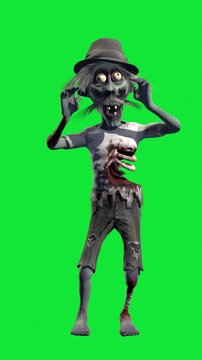 Looped 3D Animation of Funny Stylized Zombie in Hat Dancing Chicken Dance. Isolated on Chroma Key Background.