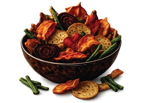 Assorted Crispy Mixed Vegetable Chips in Ceramic Bowl Isolated on White Background Vector Illustration