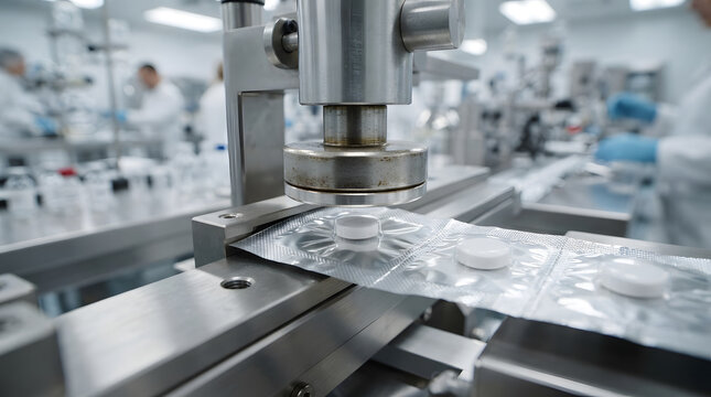 Automated pharmaceutical packaging machine sealing white pills aligned in blister packs on laboratory production line