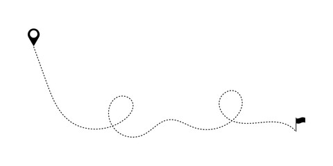 Dashed line path with location pin and finish flag icon for travel or navigation concept © mimo
