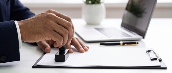 Fototapeta premium A business person in a suit using a rubber stamp on a document at a desk with presses black rubber paper held clipboard blank white paper stamp onto administration