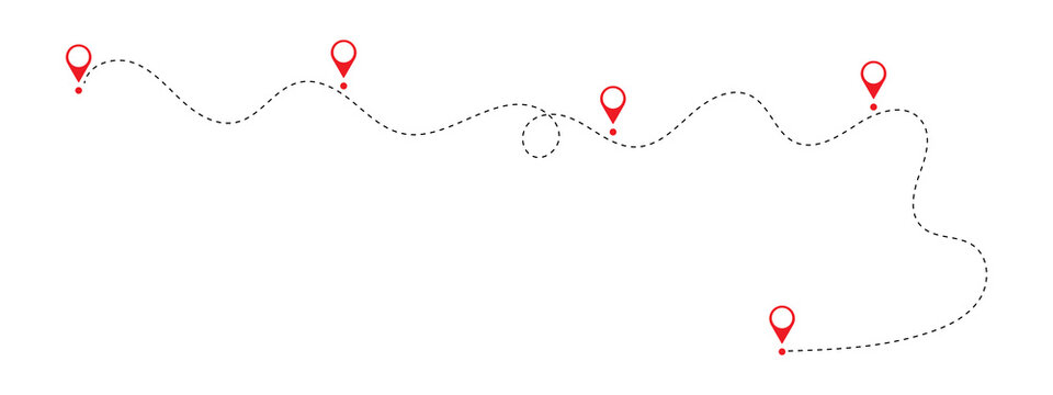 Dashed path line with red map location pins marking stops on a journey