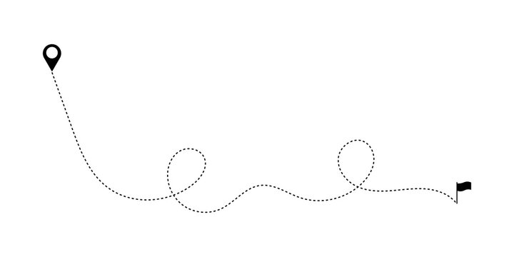 Dashed line path with location pin and finish flag icon for travel or navigation concept