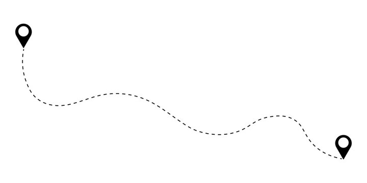 Black map pins connected by a wavy dotted line showing a travel route or path