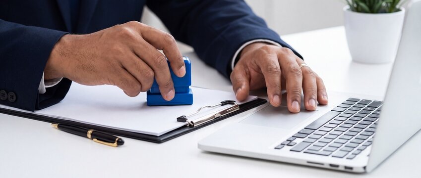 A businessman in a suit uses a rubber stamp on paperwork at a desk with document while sitting man professional suit blue rubber administrative bureaucracy validation