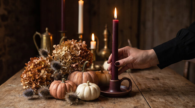 Elegant Fall Table Decor with Pumpkins, Dried Hydrangeas and Candlelight in Rustic Home Setting