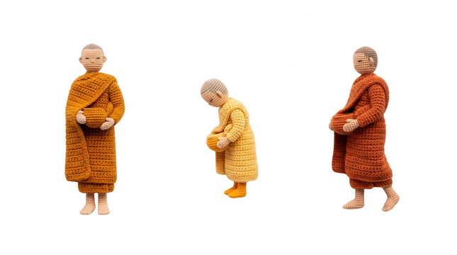 Three unique handcrafted crochet figures of monks dressed in traditional robes for your collection