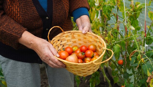 Elderly woman holding a basket of fresh organic tomatoes harvested in a greenhouse. Close-up of natural ripe homegrown vegetables cultivated without chemicals on a small local farm