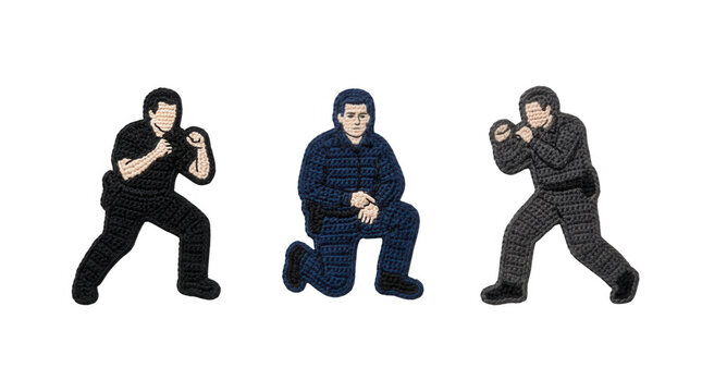 Collection of three tactical patches showcasing artistic martial arts poses on a clear background