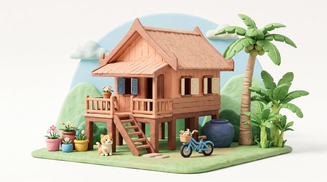 Charming clay diorama of a stilt house with tropical plants and a cat