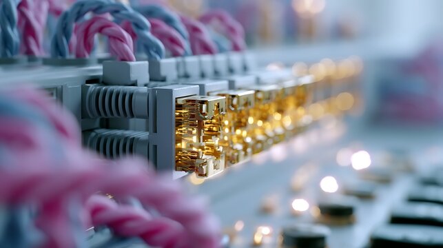 A close-up, abstract shot of a network router with many connected cables, highlighting the intricate web of connections and glowing lights