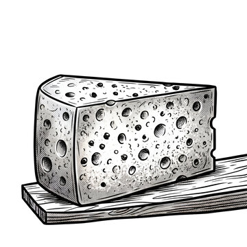 Monochrome Halftone Comic Style Rumi Cheese Wedge Block on Wooden Board Isolated on White Background