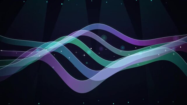Dynamic multi-layer parametric ribbon waves in violet, cyan, and emerald gradients swirl through a dark space, adorned with transparent prismatic bokeh particles and volumetric lighting.