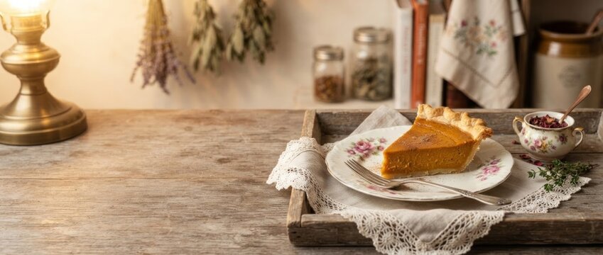 Slice of pumpkin pie on vintage plate with lace napkin on rustic wooden table. Cozy autumn dessert with warm lamp light and dried herbs. Thanksgiving food and fall baking concept.