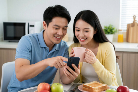 Asian couple happily shares phone content during breakfast meal at home kitchen table. Woman holds mug, man points at screen with smile. Morning routine with food, tech, and connection.