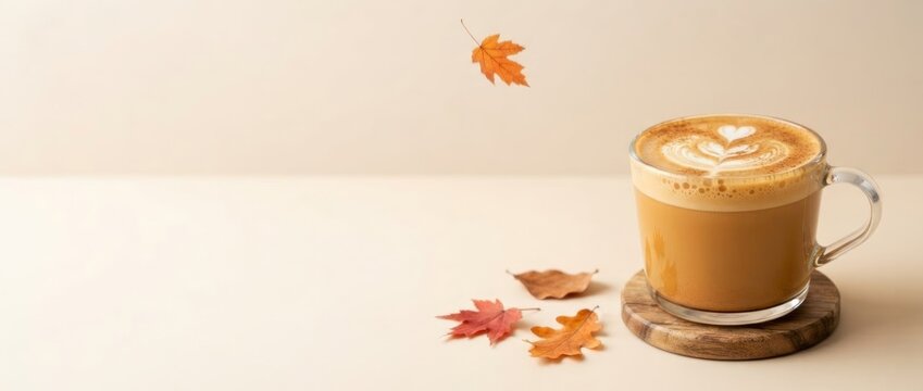 Glass cup of latte coffee with heart art on wooden coaster and falling autumn leaves. Cozy fall season hot drink concept with copy space for cafe menu and seasonal banner design