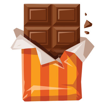 Chocolate bar in wrapper with unwrapped chocolate design hand drawn in cartoon style isolated on white background for sweet food themes