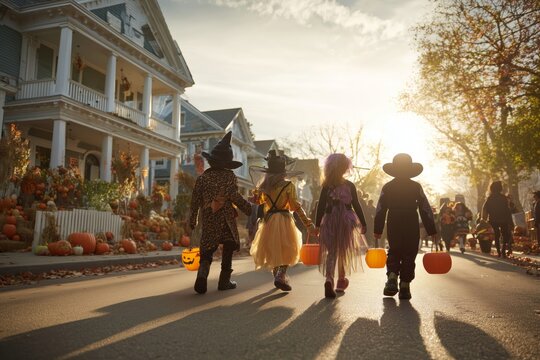 Autumn Halloween: Kids Trick-or-Treating in Costumes at Sunset