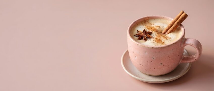 Pink ceramic cup of cappuccino with foam, star anise and cinnamon sticks on pink background. Cozy winter hot drink with spice. Christmas beverage concept with copy space